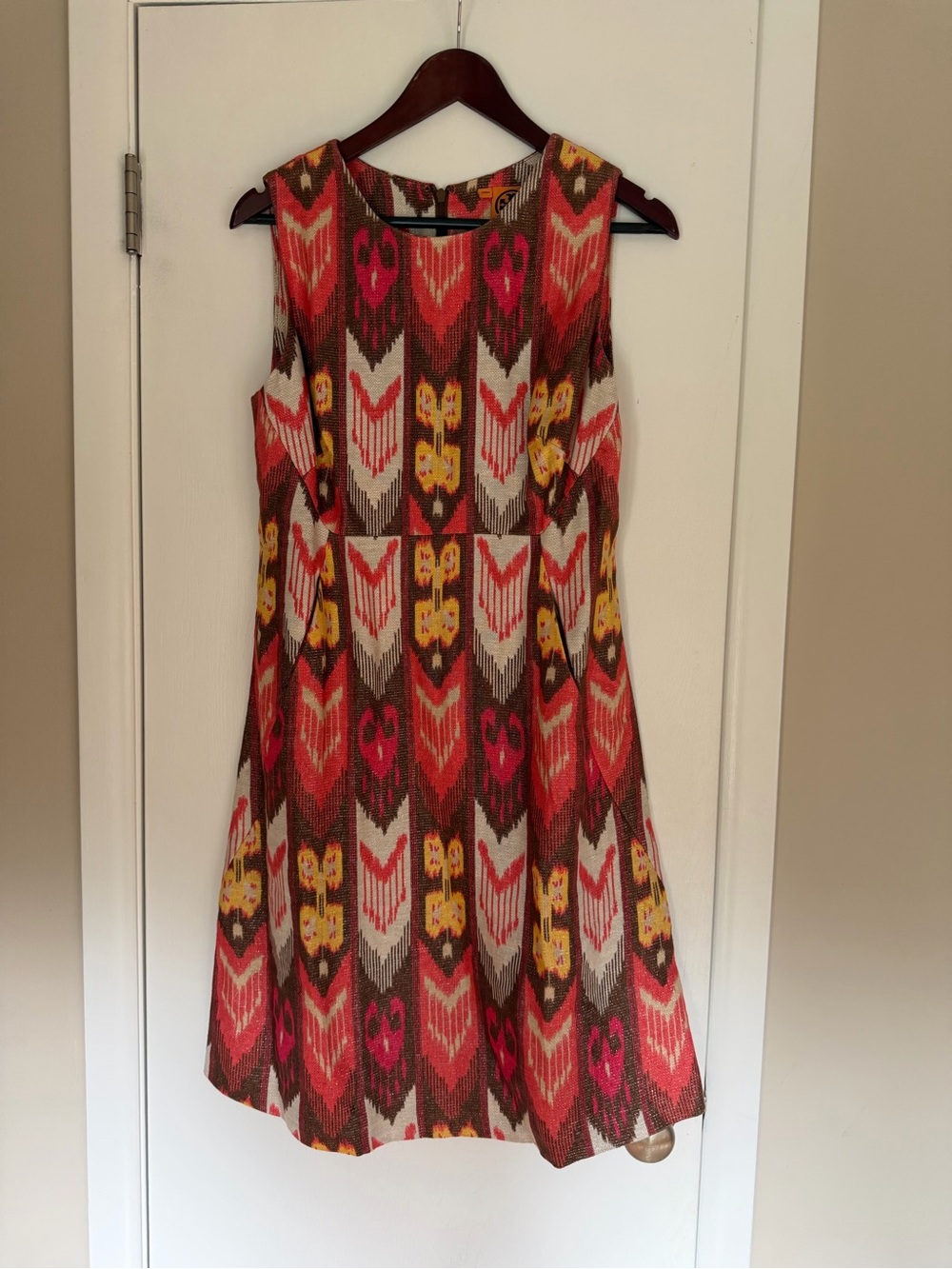 Tory Burch Sleeveless Linen blend Multicolor Ikat Print Dress - Red & Brown